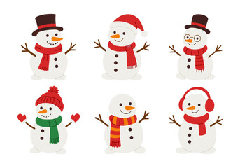 A set of six snowmen wearing hats and scarves. One of the snowmen is wearing glasses