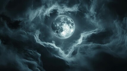 Mysterious full moon glowing brightly amidst dark, swirling, dramatic storm clouds in a deep night sky 4k video - Powered by Adobe