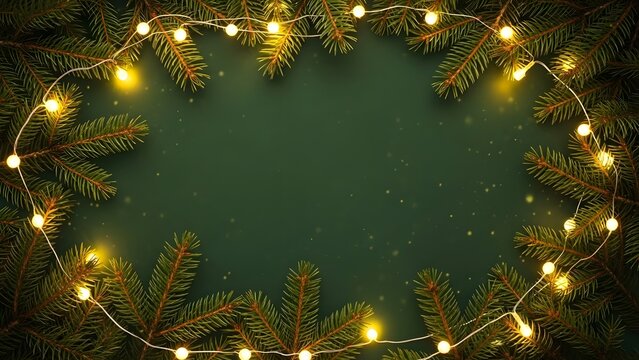 Festive christmas tree branches with warm twinkling lights forming a circular frame