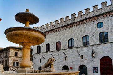 Panorama of the Town Square and the Fountain of the Three Lions in Assisi, Umbria, Italy