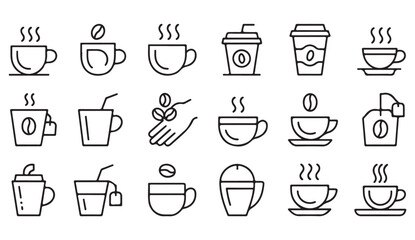 Minimal line icons of hot drinks including mugs, cups, tea bags, to-go coffee, and barista elements for menu design.