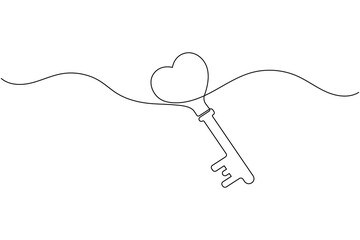 Key with heart, continuous line vector art. love, unlock, solution.