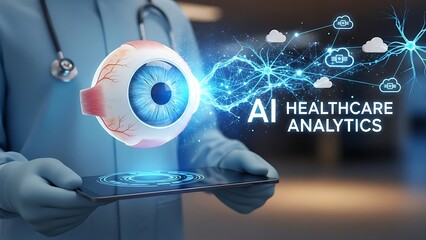 AI healthcare analytics with eye model and doctor using tablet device