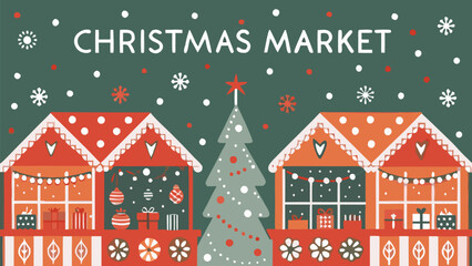 Charming Christmas market scene with festive stalls, gifts and a decorated Christmas tree