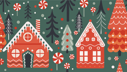 Festive gingerbread houses and whimsical trees create a joyful holiday season scene, perfect for backgrounds