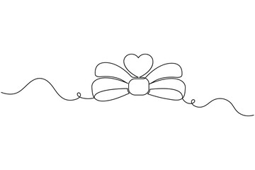 Continuous line art of an elegant gift bow with a heart design