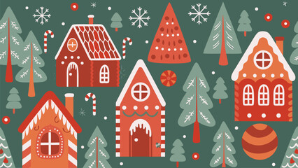 Charming Christmas gingerbread house village seamless pattern for festive holiday designs and cheerful seasonal celebrations