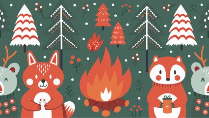 Charming winter woodland scene with cute animals gathering around a warm glowing campfire