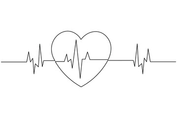 Heartbeat line and heart continuous line drawing on white