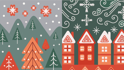 Charming winter village scene with cozy houses, snowy mountains, and festive stylized trees