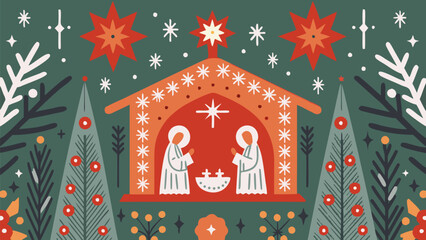 Charming folk art nativity scene with star and festive winter foliage perfect for holiday greetings