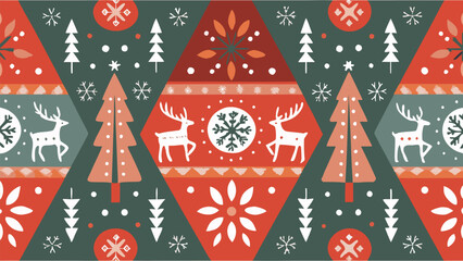 Vibrant Nordic holiday pattern featuring reindeer trees and snowflakes for festive design projects