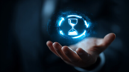 Person holding glowing hourglass digital interface time technology