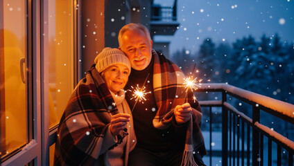 Happy senior couple celebrating with sparklers on a snowy winter night. Elderly man and woman wrapped in a cozy plaid blanket on a balcony. Christmas and New Year's Eve holiday celebration