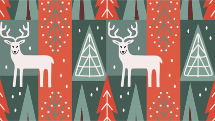 Charming winter forest pattern featuring joyful white reindeer and stylized evergreen trees