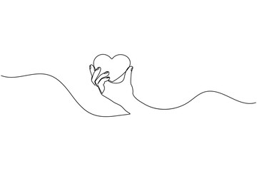 One line art drawing of a hand holding a heart, love and care