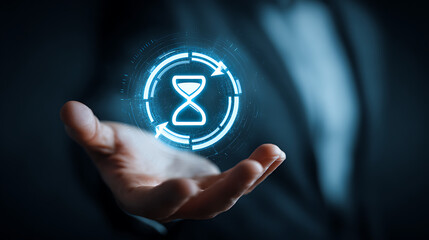 Person holding glowing hourglass symbol with circular arrows time clock