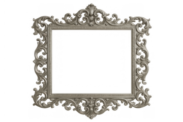 Ornate vintage rococo picture frame with elaborate silver carving and empty transparent background