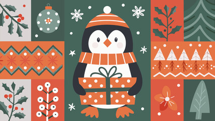 Charming winter penguin character holds a polka dot gift box surrounded by festive holiday patterns