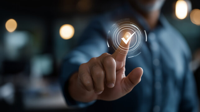 Businessman using digital system for document approval validation with quality assurance checklist compliance process efficiency performance tracking work standardization