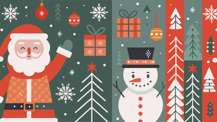 Cheerful Santa Claus and happy snowman celebrate winter holidays with festive seasonal decorations