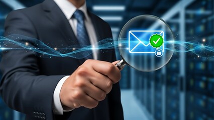 Data security check concept with man holding magnifying glass over email