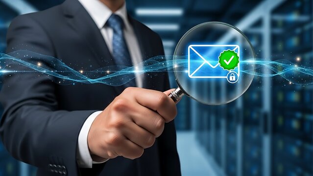Data security check concept with man holding magnifying glass over email