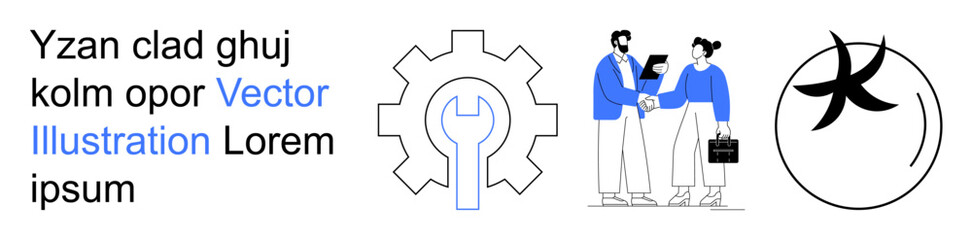 Business communication, teamwork, engineering, abstract art, zodiac symbols, corporate visuals. A handshake, wrench inside a gear and a Pisces-inspired abstract mark. Business and teamwork concepts