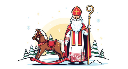 Festive Sinterklaas illustration with a rocking horse in a winter wonderland, perfect for holiday cards and promotional content this season