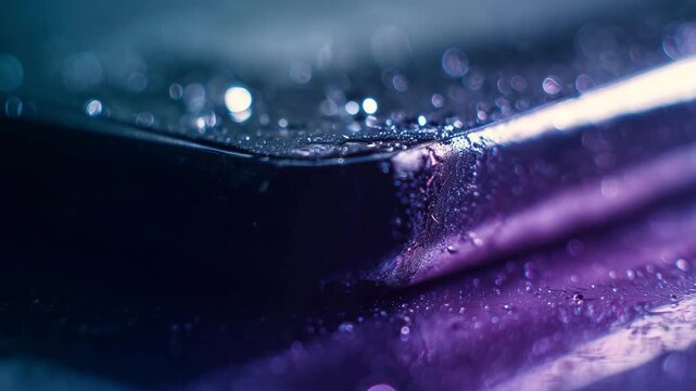 Macro Close-Up of a Battle-Scarred Matte-Black E-Reader Corner Through a Condensation-Stippled Window with Raindrops and Bokeh Effects