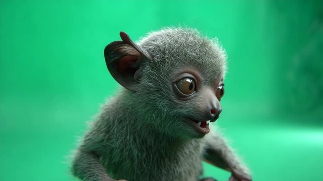 Cute aye-aye lemur portrait close-up of a young primate on green screen studio shot for conservation and wildlife