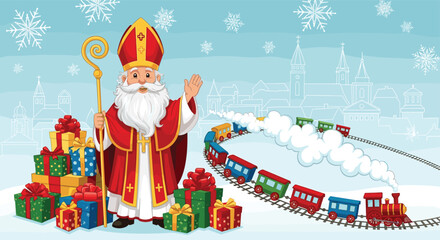 Festive Sinterklaas waving by Christmas gifts and a vibrant toy train in a snowy holiday scene filled with joy and childhood magic