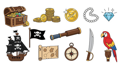 Pirate Adventure Elements: Treasure, Ship, Flag, Map, Compass and More Illustrated