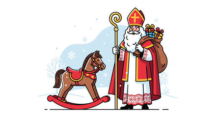 Festive Sinterklaas illustration with gifts and rocking horse for delightful children's celebrations and heartwarming holiday promotions