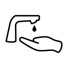 Simple line icon of a hand under a water tap with a droplet, symbolizing hand wash, hygiene, sanitation, and clean water.