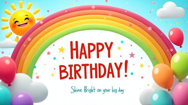 Happy Birthday rainbow card with smiling sun, colorful balloons, stars, and cheerful message