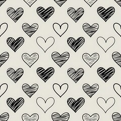Seamless pattern of sketched hearts in various styles and fills on a light textured background for romantic designs