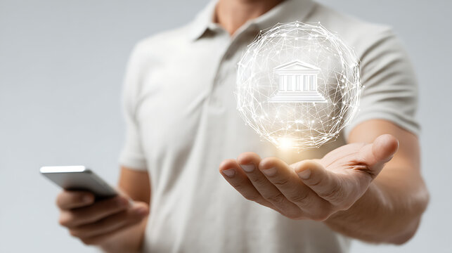 Person holding smartphone and digital network with bank icon image - Powered by Adobe