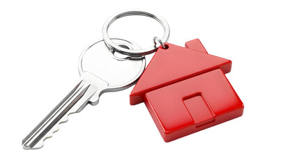 Silver House Key with Red House Shaped Keychain on White metal isolated on a transparent background