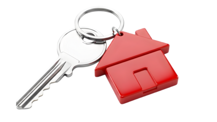Silver House Key with Red House Shaped Keychain on White metal isolated on a transparent background