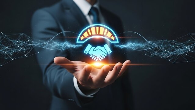 Successful business partnership concept with handshake icon and businessman presentation