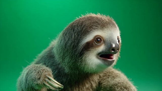 Close-up portrait of a cute sloth looking at the camera with a curious expression isolated on a green background