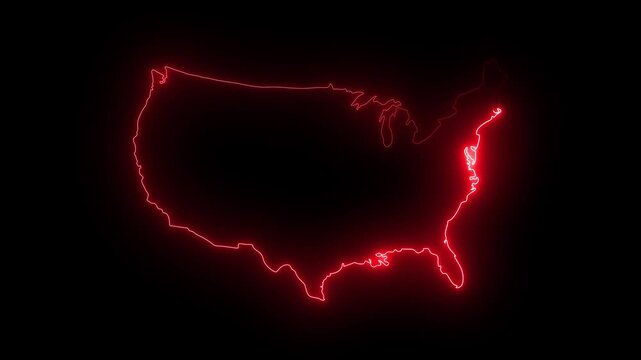 USA neon map outline animation isolated on black background