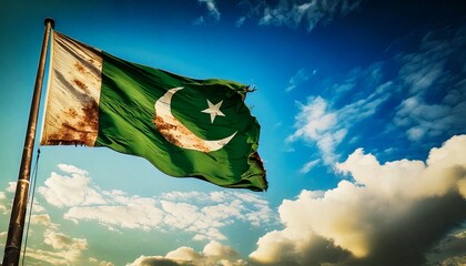 Naklejka premium 破けて朽ちた古いパキスタンの国旗。(an old and torn Pakistan flag.) 