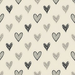 Charming seamless pattern of sketchy heart shapes in charcoal and light gray on a soft beige background