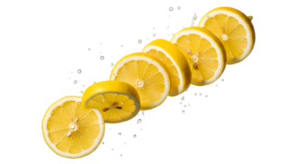 Sliced Lemons with Juice Splashes Keywords: lemon, citrus, fruit, sliced isolated on a transparent background