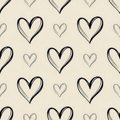 Seamless pattern of sketched hearts in various sizes and styles on a light textured background