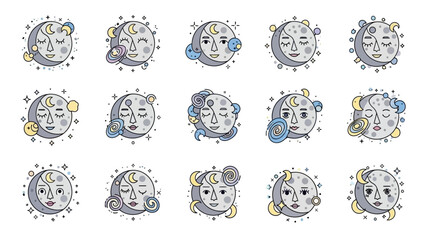 Collection of whimsical crescent moon characters with human faces and decorative elements
