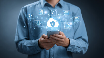 Person holding smartphone with digital cloud interface image