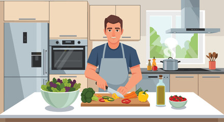 Happy smiling man preparing fresh vibrant vegetables for a healthy dinner in a bright modern kitchen